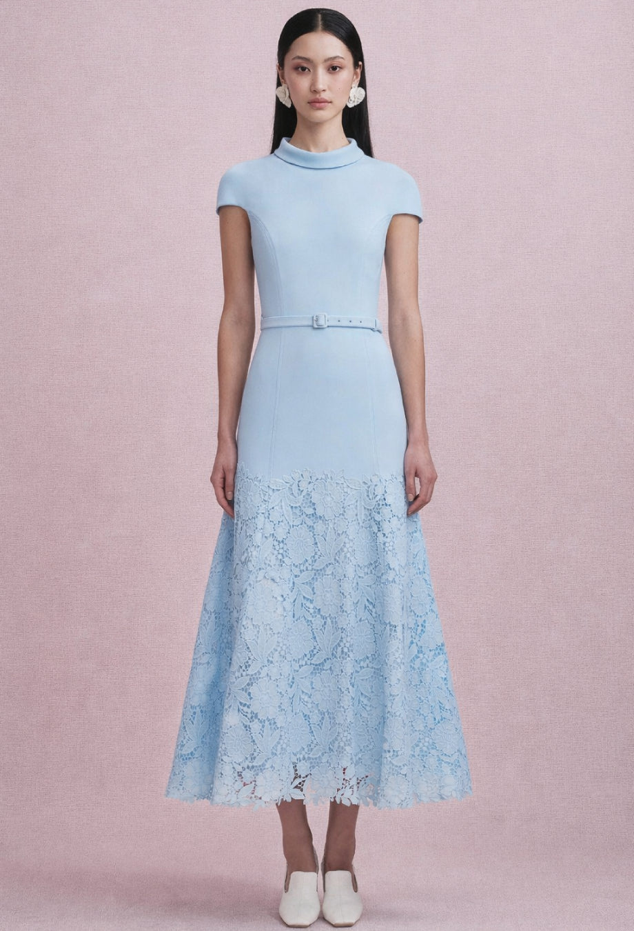 Mariella Crepe Lace Midi Dress Baby Blue
