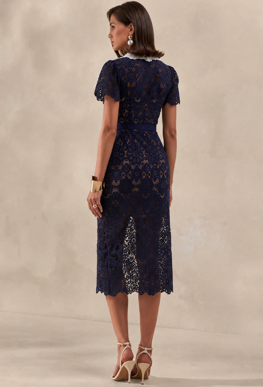 Milena Navy Lace Floral Collar Midi Dress With Short Sleeves