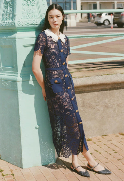 Milena Navy Lace Floral Collar Midi Dress With Short Sleeves