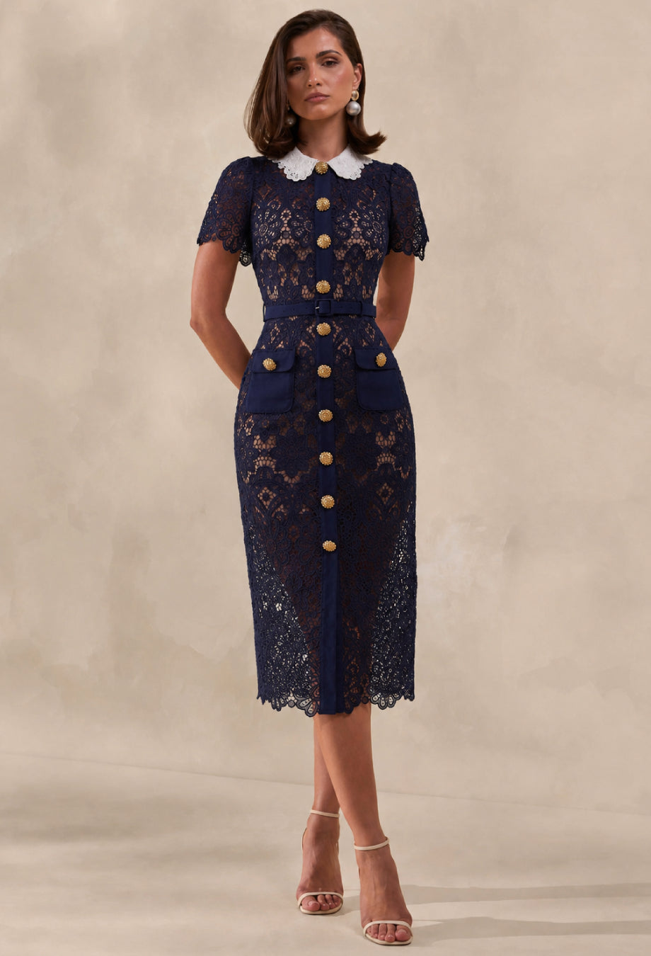 Milena Navy Lace Floral Collar Midi Dress With Short Sleeves