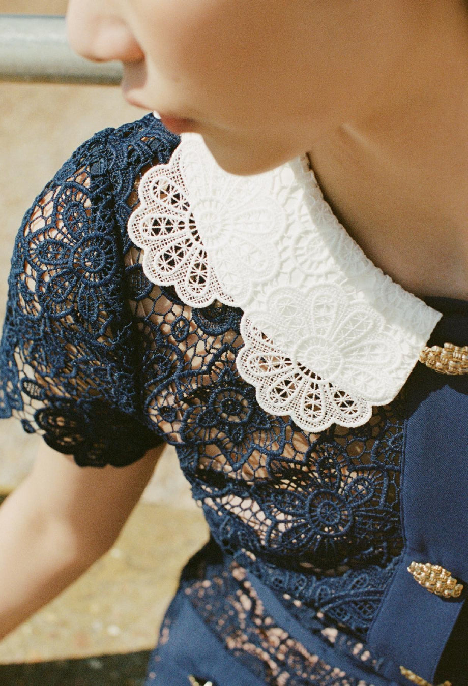 Milena Navy Lace Floral Collar Midi Dress With Short Sleeves