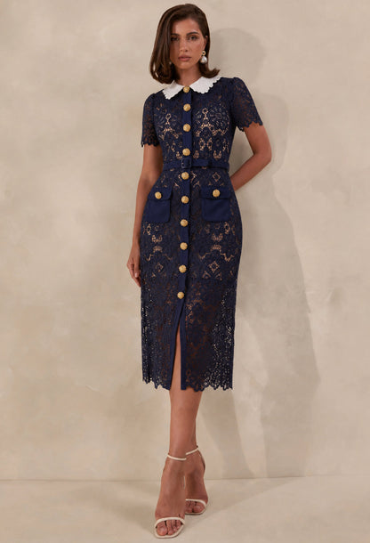 Milena Navy Lace Floral Collar Midi Dress With Short Sleeves