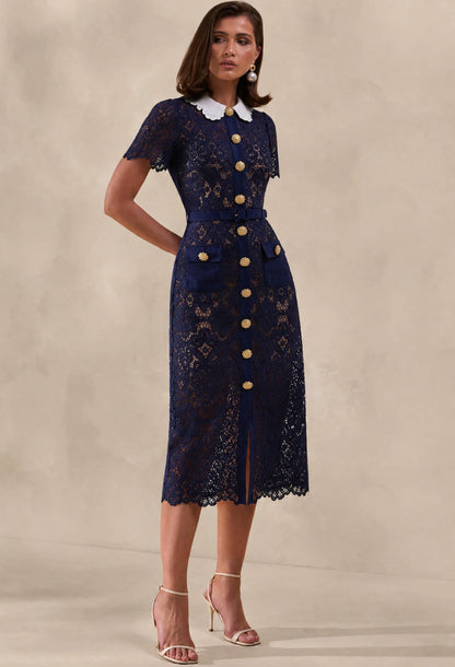 Milena Navy Lace Floral Collar Midi Dress With Short Sleeves