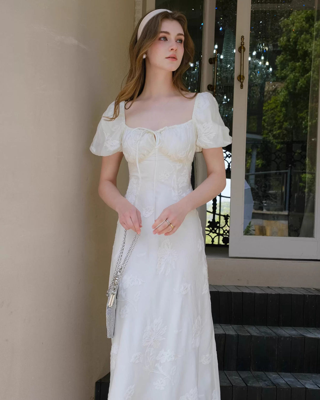 Mira Floral Jacquard Tiered Midi Dress Ivory