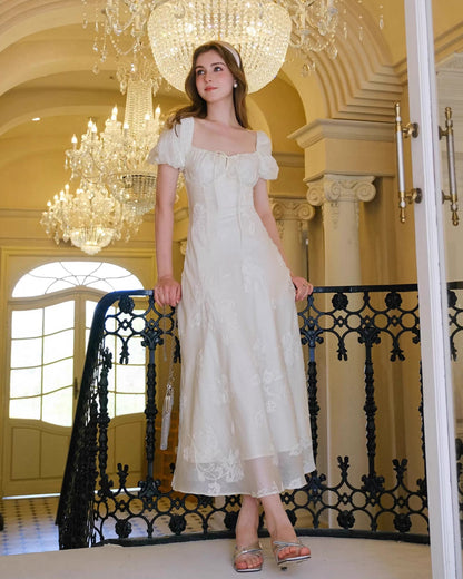 Mira Floral Jacquard Tiered Midi Dress Ivory