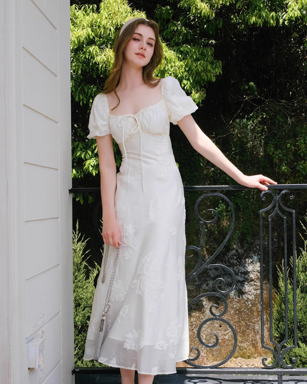 Mira Floral Jacquard Tiered Midi Dress Ivory