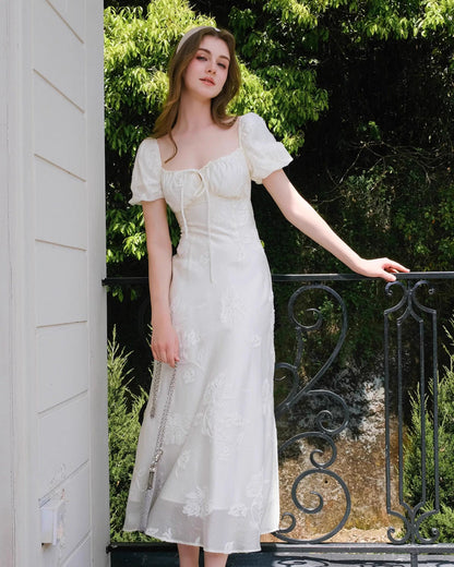 Mira Floral Jacquard Tiered Midi Dress Ivory