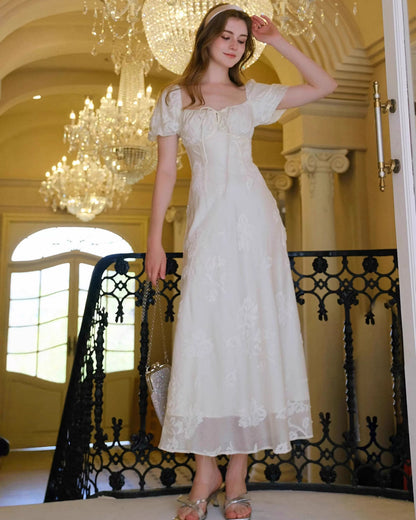 Mira Floral Jacquard Tiered Midi Dress Ivory