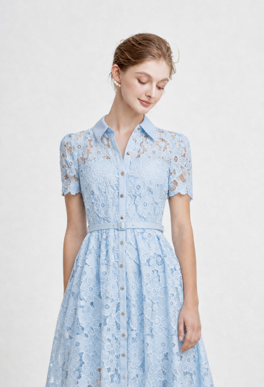 Miranda Floral Lace Collared Midi Dress Baby Blue