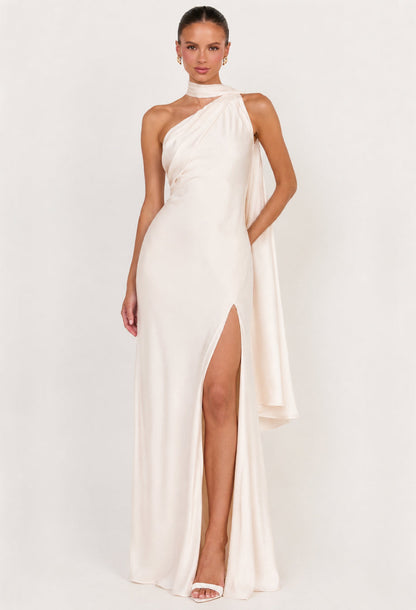 Morven Ivory Satin Maxi Dress with Scarf