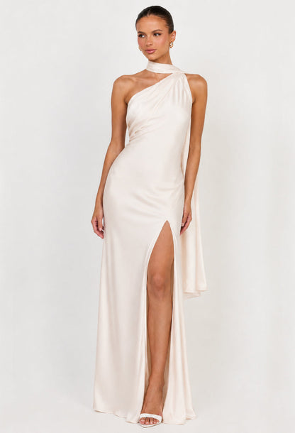 Morven Ivory Satin Maxi Dress with Scarf
