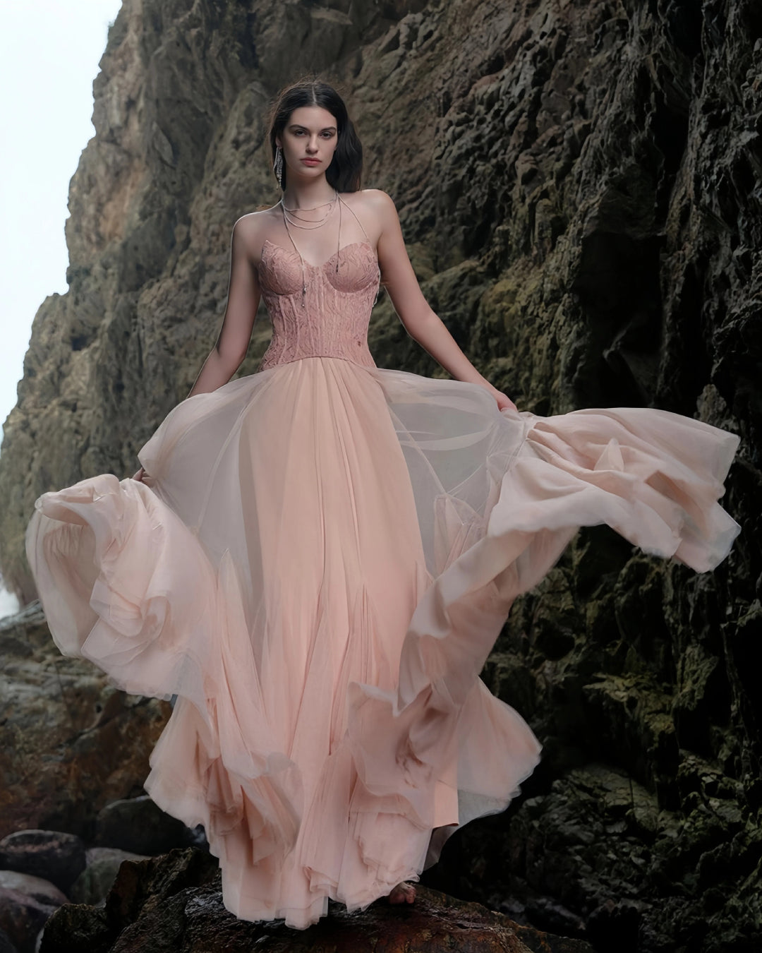 Oakley Lace Corset Tulle Maxi Dress Blush