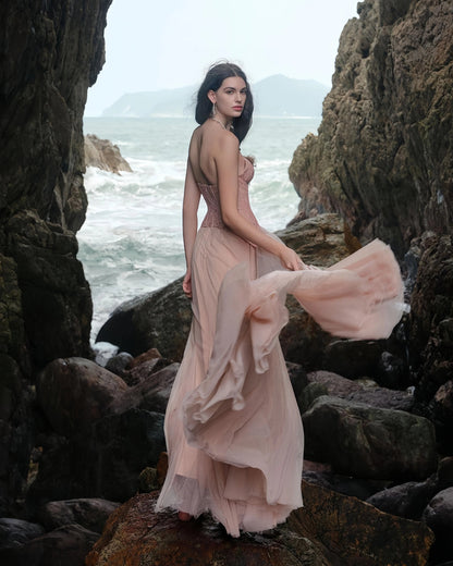 Oakley Lace Corset Tulle Maxi Dress Blush