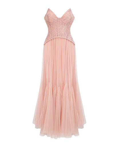 Oakley Lace Corset Tulle Maxi Dress Blush