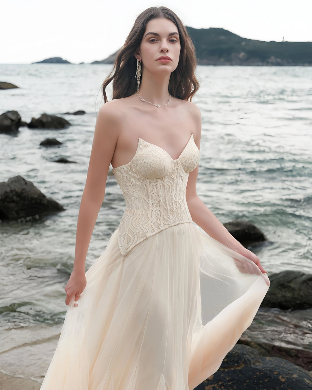 Oakley Lace Corset Tulle Maxi Dress Ivory