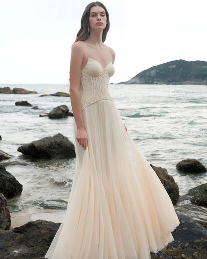 Oakley Lace Corset Tulle Maxi Dress Ivory