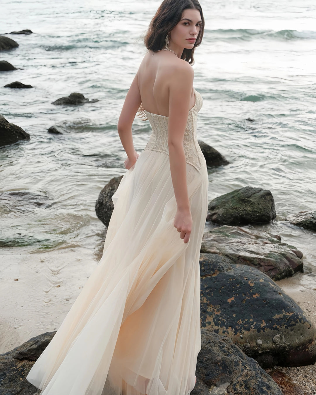 Oakley Lace Corset Tulle Maxi Dress Ivory