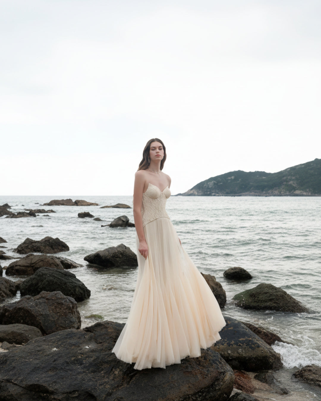Oakley Lace Corset Tulle Maxi Dress Ivory