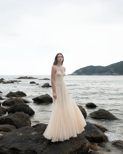 Oakley Lace Corset Tulle Maxi Dress Ivory
