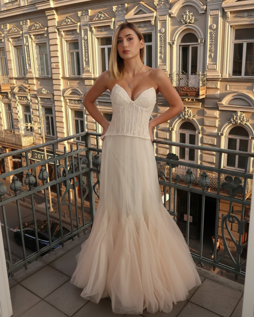 Oakley Lace Corset Tulle Maxi Dress Ivory