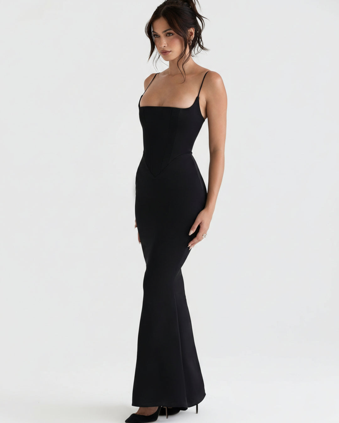 Olivette Satin Corset Maxi Dress Black