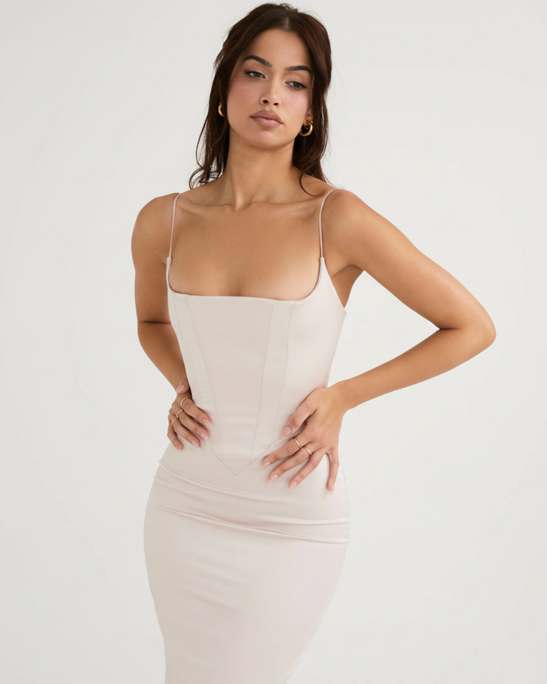 Olivette Satin Corset Maxi Dress Ivory Blush