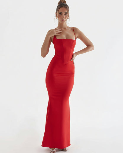 Olivette Satin Corset Maxi Dress Red