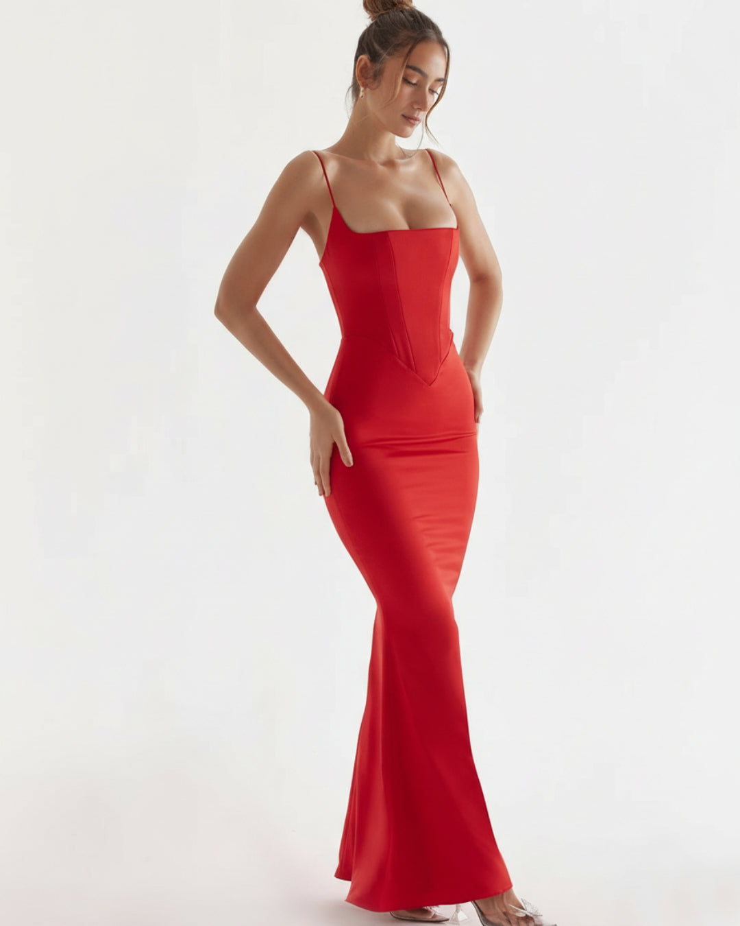 Olivette Satin Corset Maxi Dress Red