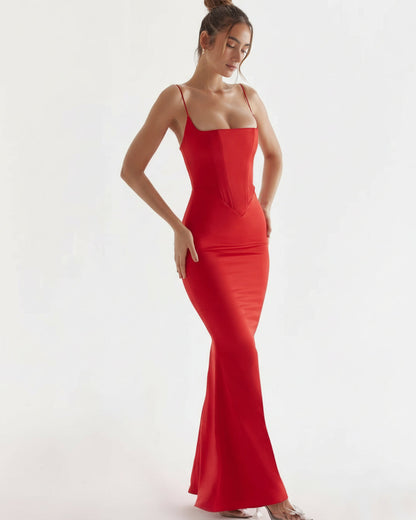 Olivette Satin Corset Maxi Dress Red