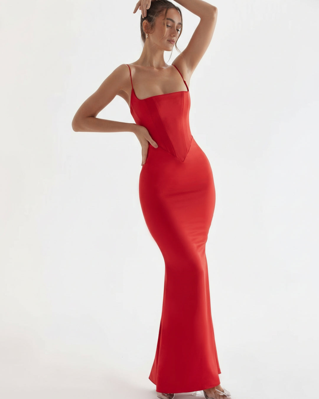 Olivette Satin Corset Maxi Dress Red