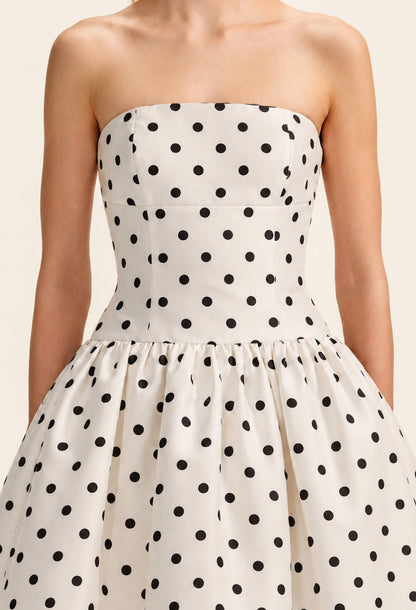 Lucia Strapless Polka Dot Midi Dress Black and White