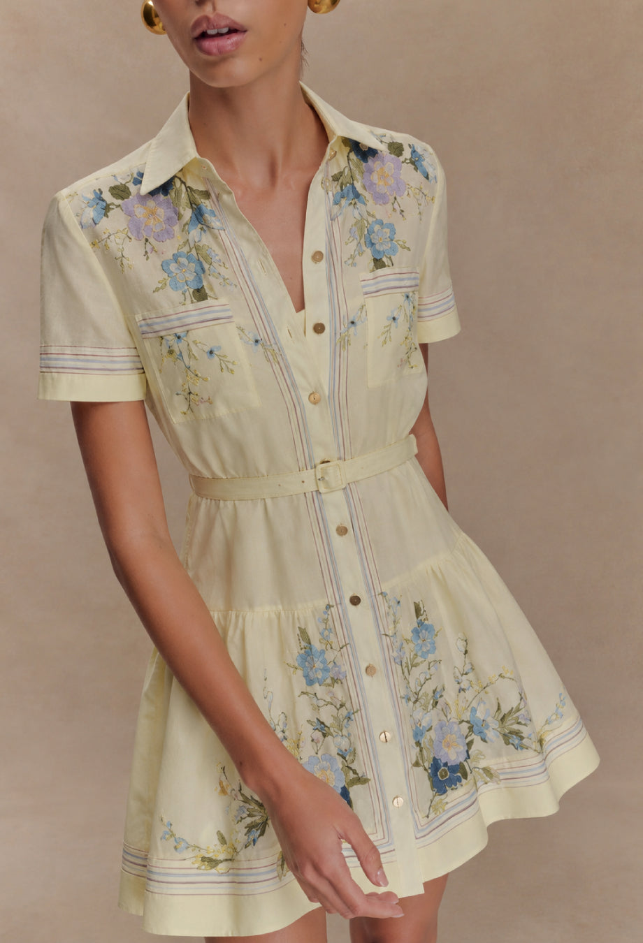 Rossella Yellow Floral Mini Dress with Short Sleeves