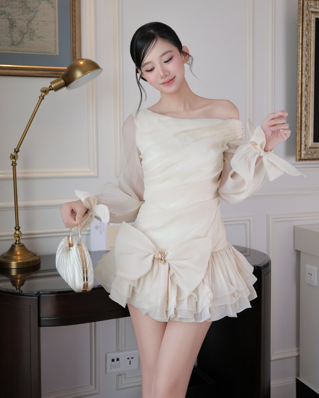 Ruby Bow Asymmetric Puffy Mini Dress Ivory