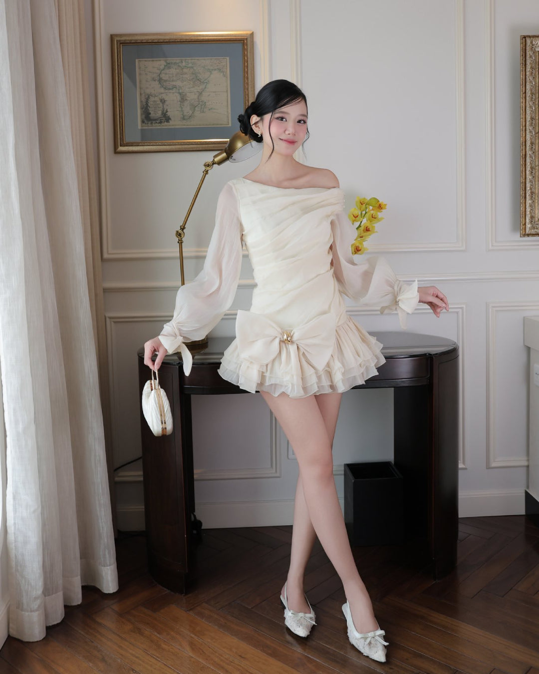 Ruby Bow Asymmetric Puffy Mini Dress Ivory