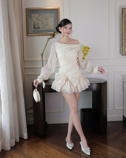 Ruby Bow Asymmetric Puffy Mini Dress Ivory