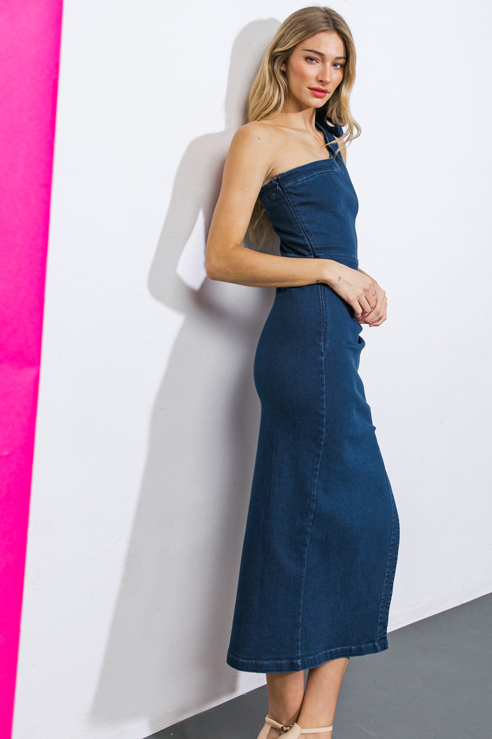 RAY OF LIGHT ONE SHOULDER DENIM CUT-OUT DRESS