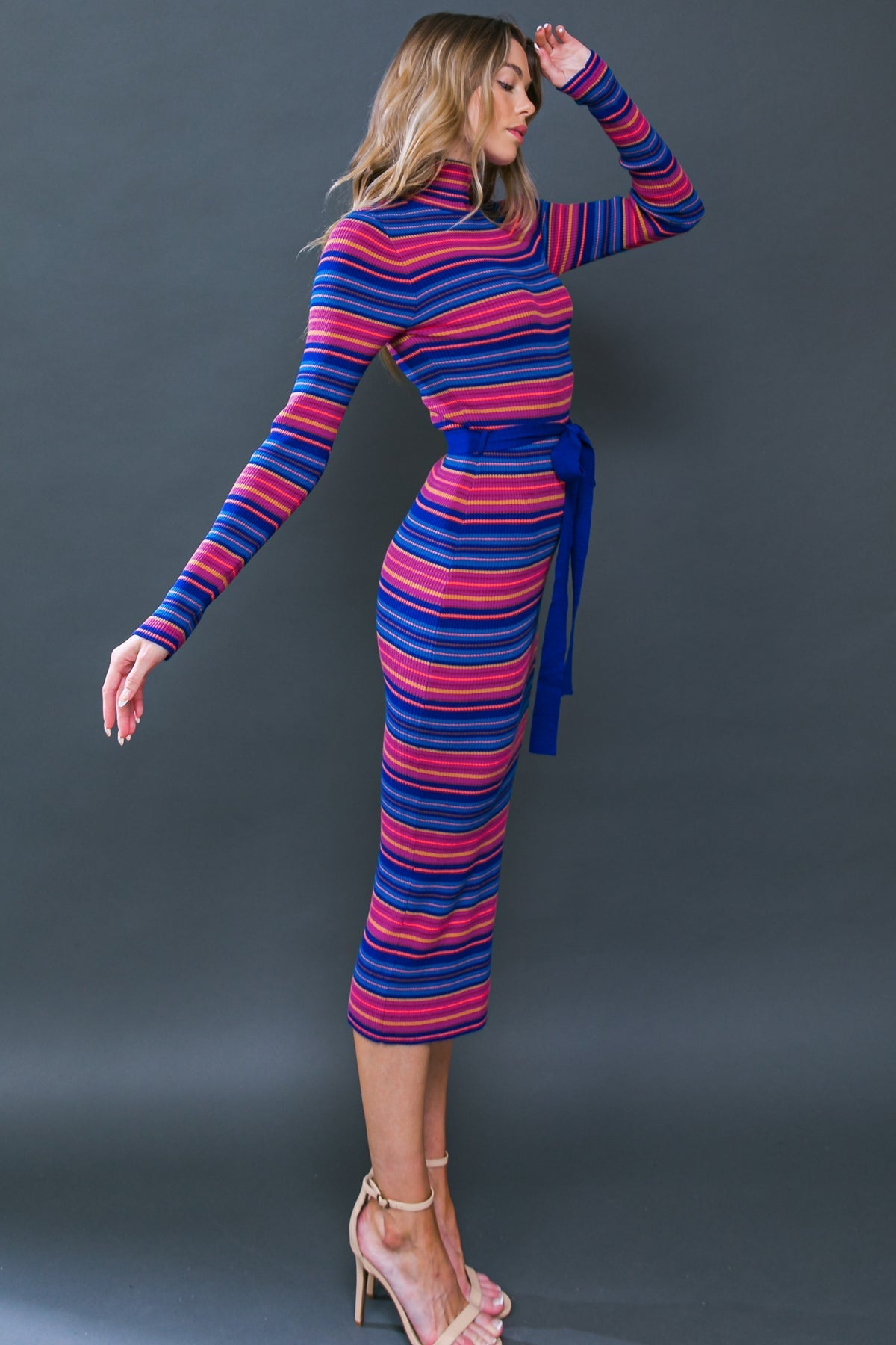 SWEATER WEATHER MIDI DRESS BLUE & FUCHSIA STRIPE