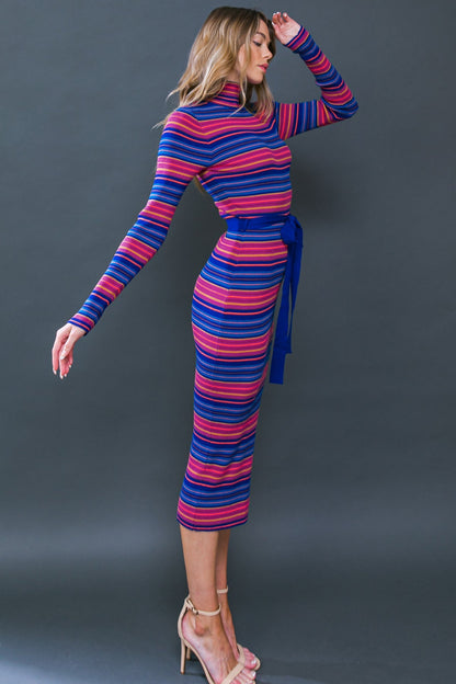 SWEATER WEATHER MIDI DRESS BLUE & FUCHSIA STRIPE