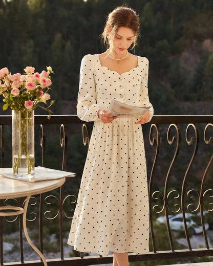 Sabina Polka Dot Long-Sleeve Midi Dress Ivory