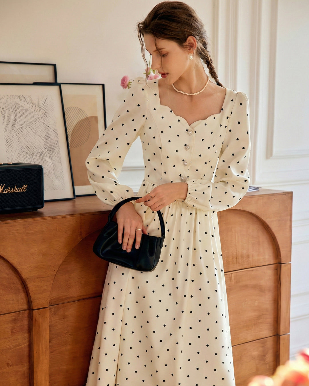 Sabina Polka Dot Long-Sleeve Midi Dress Ivory