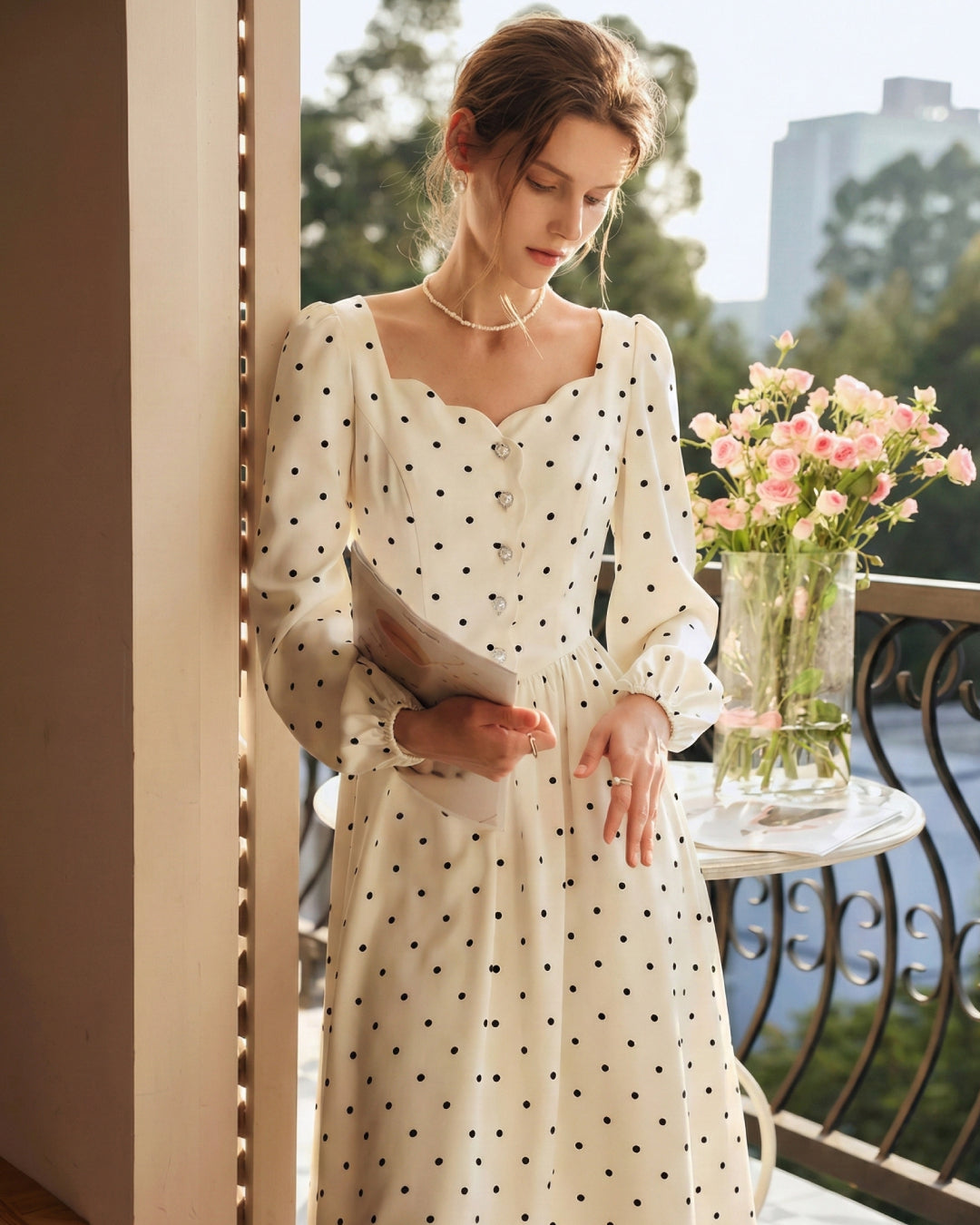 Sabina Polka Dot Long-Sleeve Midi Dress Ivory
