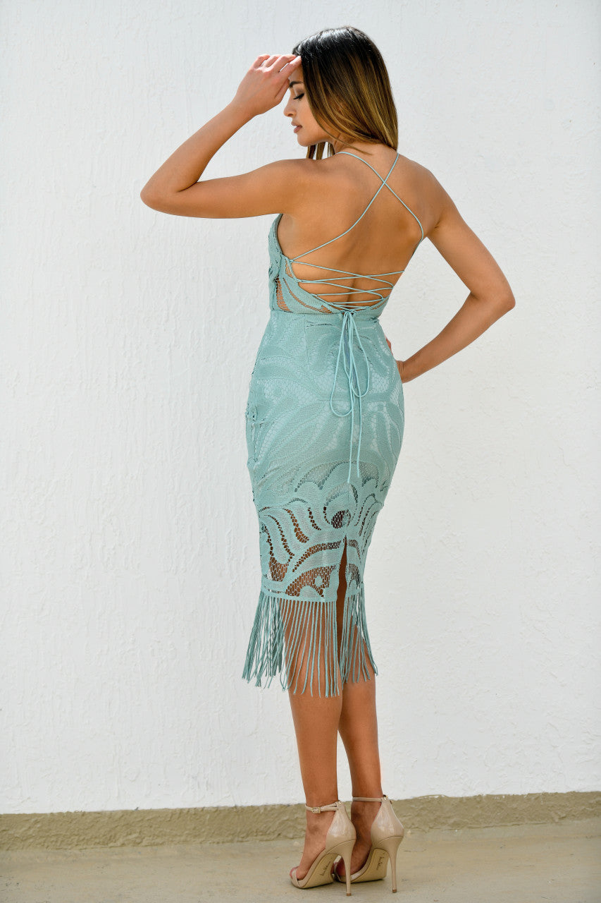 Khaleesi Dress Sage Lace Dress With Fringe FINAL