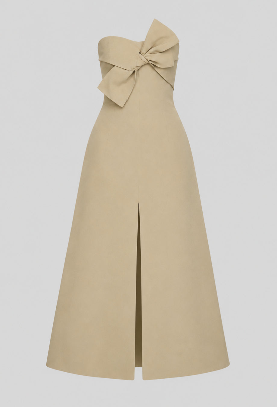 Salma Khaki Beige Strapless Midi Dress with Front Bow