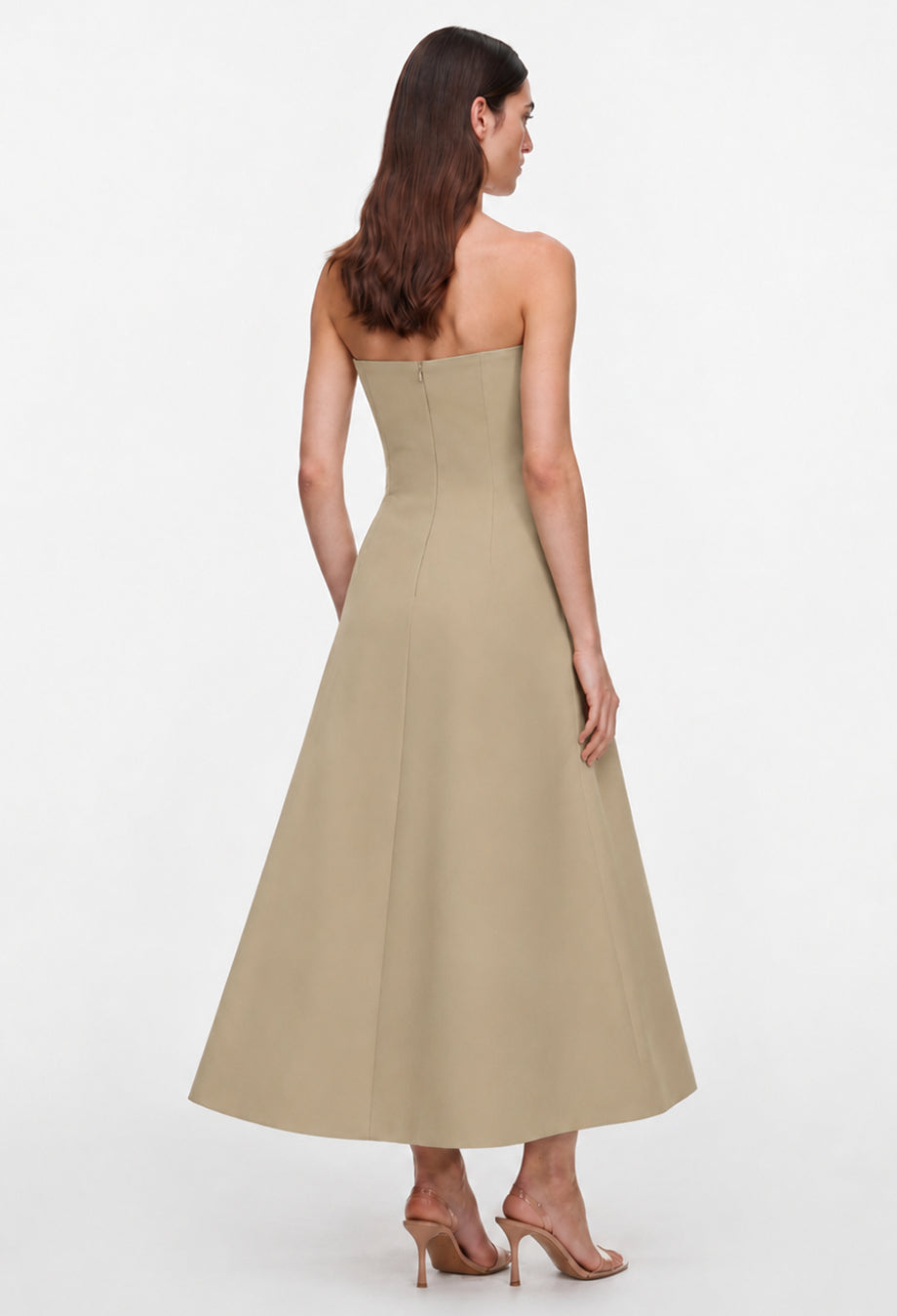 Salma Khaki Beige Strapless Midi Dress with Front Bow