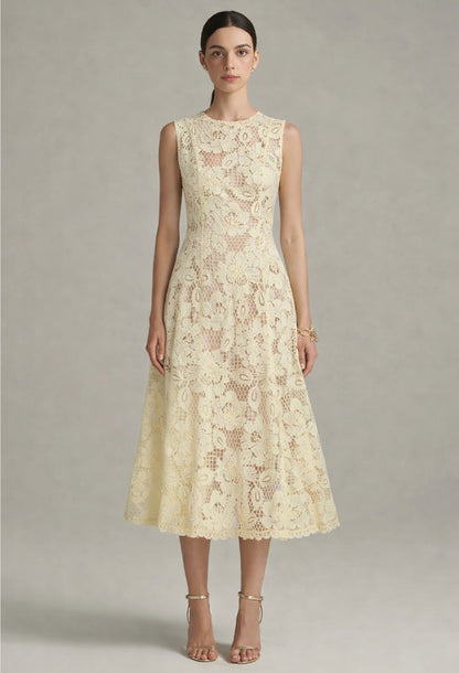 Sherrie Crochet Lace Midi Dress Light Yellow