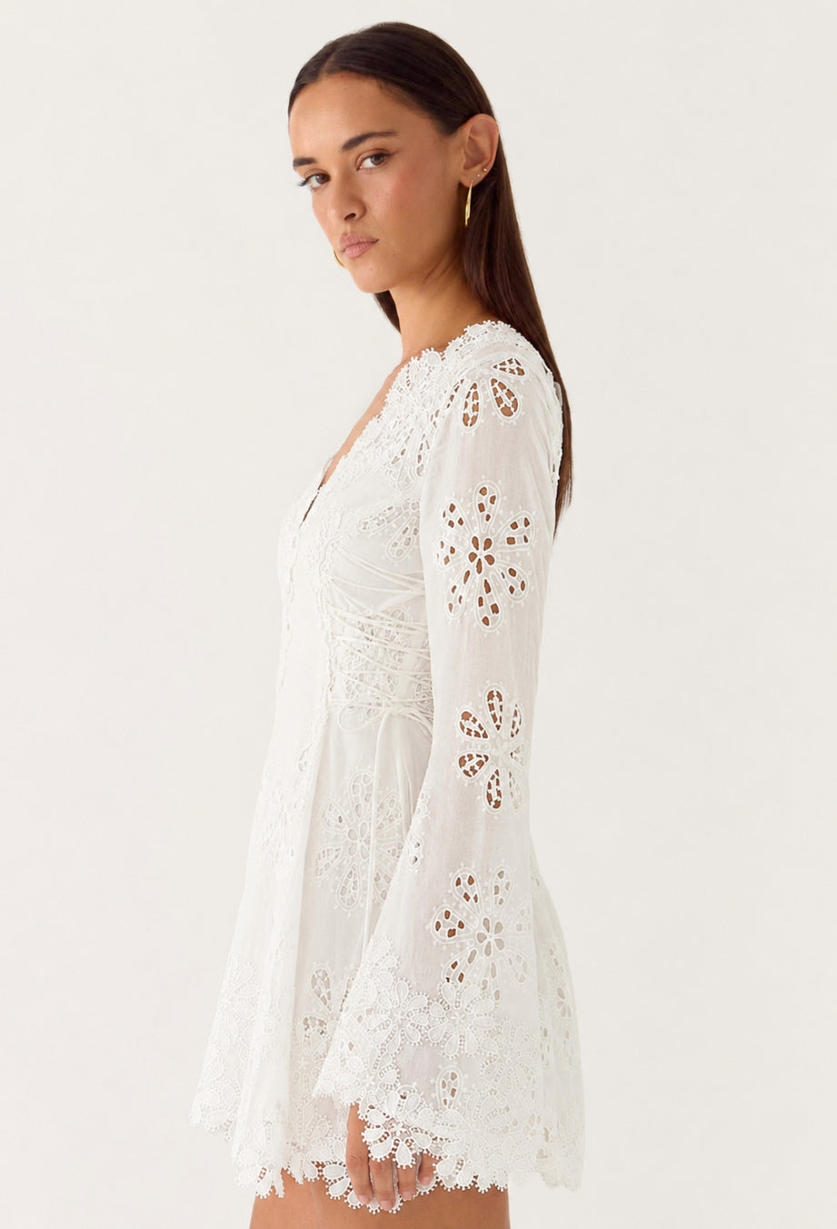 Simona White Long Sleeve 3D Floral Embroidered Mini Dress