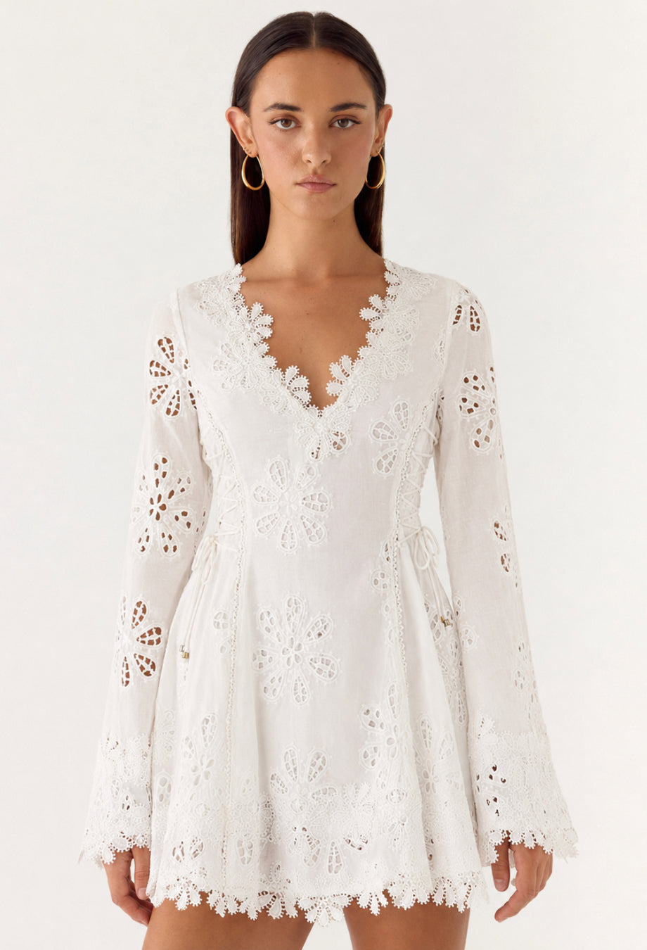 Simona White Long Sleeve 3D Floral Embroidered Mini Dress