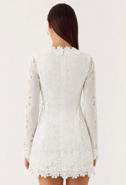 Simona White Long Sleeve 3D Floral Embroidered Mini Dress