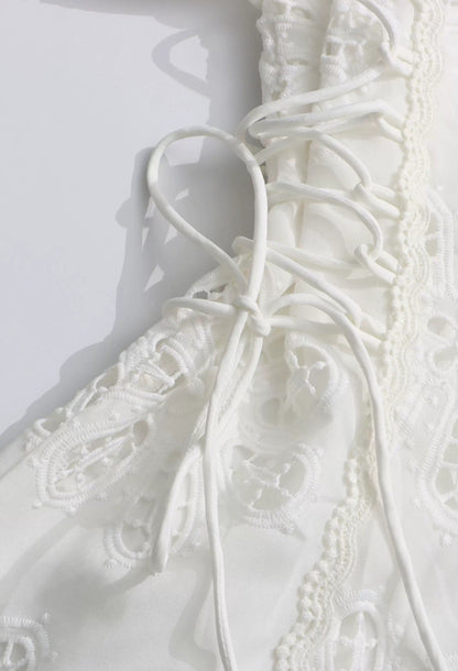 Simona White Long Sleeve 3D Floral Embroidered Mini Dress