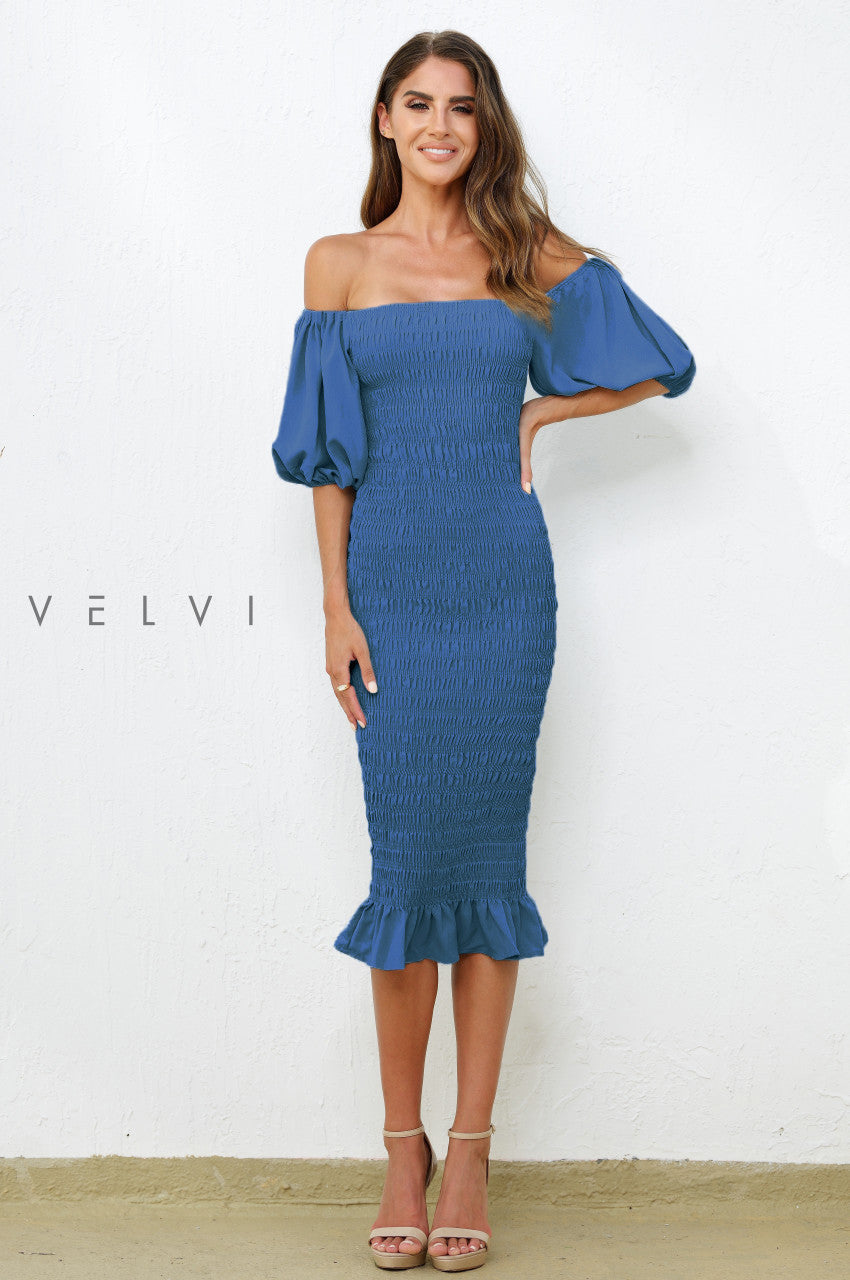 Skyla Shirred Midi Dress Navy